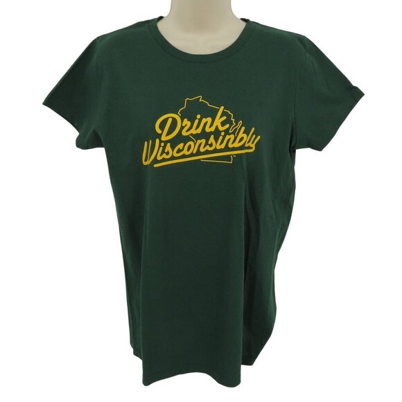 Drink Wisconsinbly Women Large Green Yellow Crew Neck Short Sleeve T Shirt NEW - Picture 1 of 7